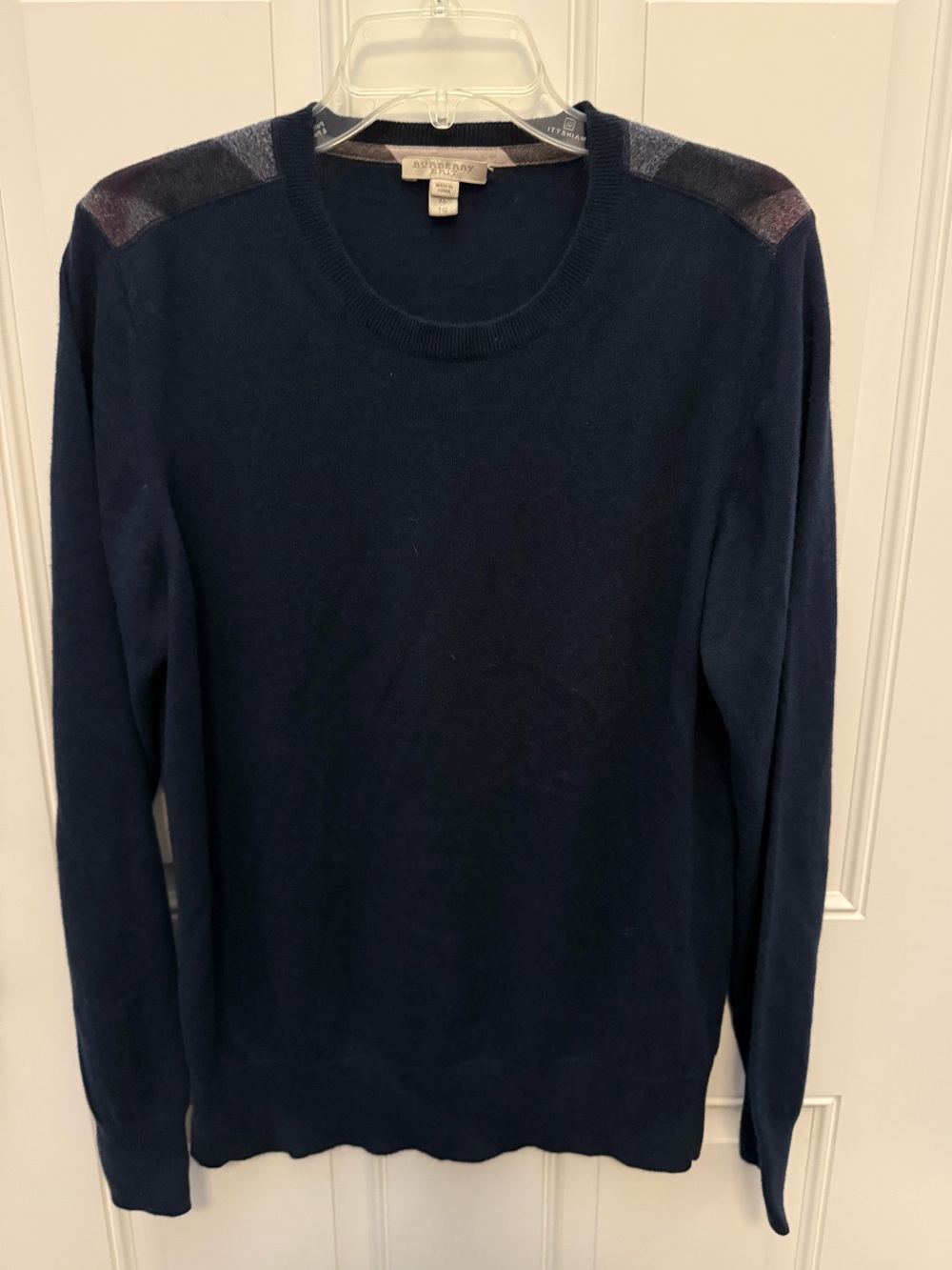 Burberry Navy Crewneck Sweater with Shoulder Plaid Accents